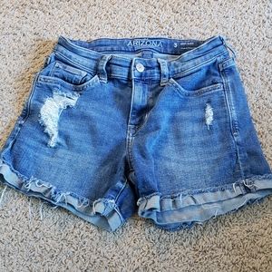 Blue Mid-Rise Ripped Jean Shorts